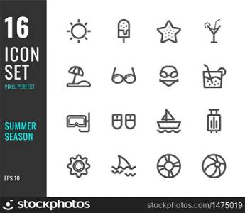 Set of 16 icons summer season thin line style. Pixel Perfect. Vector illustration