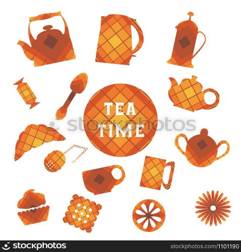 Set of 16 icons. Tea time. Brown tones. In square. Set of 16 icons. Tea time. In square