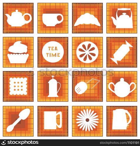 Set of 16 icons. Tea time. Brown tones. In square. Set of 16 icons. Tea time. In square