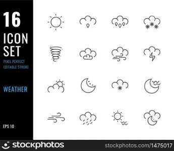 Set of 16 icons weather thin line style. Editable stroke. Pixel Perfect. Vector illustration