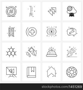 Set of 16 Line Icon Signs and Symbols of add, tower, up, hotel, gear Vector Illustration