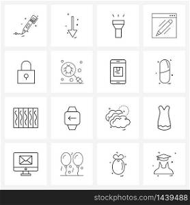 Set of 16 Line Icon Signs and Symbols of security, lock, pen, seo Vector Illustration