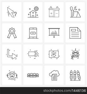 Set of 16 Line Icon Signs and Symbols of travel, tent, battery, summer, camping Vector Illustration