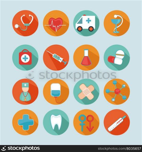 Set of 16 medical flat icons, signs, symbols