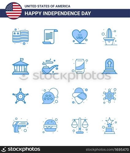 Set of 16 Modern Blues pack on USA Independence Day american; bank; love; pot; flower Editable USA Day Vector Design Elements