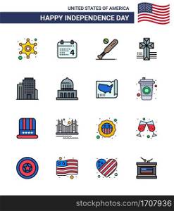 Set of 16 Modern Flat Filled Lines pack on USA Independence Day office; church; ball; cross; usa Editable USA Day Vector Design Elements