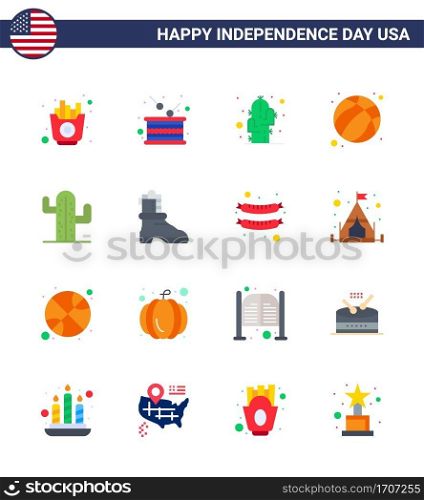 Set of 16 Modern Flats pack on USA Independence Day cactus; football; independence; ball; desert Editable USA Day Vector Design Elements