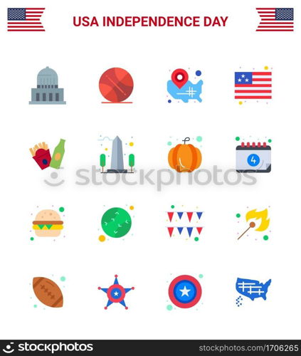 Set of 16 Modern Flats pack on USA Independence Day frise; usa; map; flag; location pin Editable USA Day Vector Design Elements
