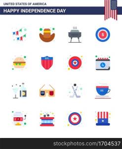 Set of 16 Modern Flats pack on USA Independence Day meal; burger; barbeque; maony; american Editable USA Day Vector Design Elements
