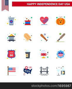 Set of 16 Modern Flats pack on USA Independence Day rail  cart  heart  festival  food Editable USA Day Vector Design Elements