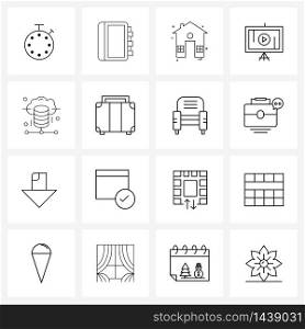 Set of 16 Modern Line Icons of database, business, house, video, presentation Vector Illustration