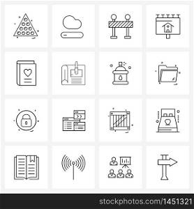 Set of 16 Modern Line Icons of love, house, block, estate, advertising Vector Illustration