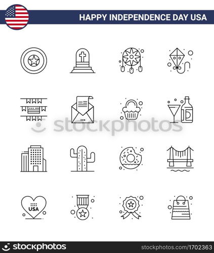 Set of 16 Modern Lines pack on USA Independence Day american  buntings  adornment  flying  kite Editable USA Day Vector Design Elements