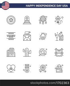 Set of 16 Modern Lines pack on USA Independence Day american; buntings; adornment; flying; kite Editable USA Day Vector Design Elements