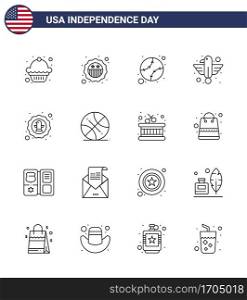 Set of 16 Modern Lines pack on USA Independence Day bird  state  baseball  eagle  animal Editable USA Day Vector Design Elements