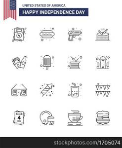Set of 16 Modern Lines pack on USA Independence Day frise  parade  gun  music  drum Editable USA Day Vector Design Elements
