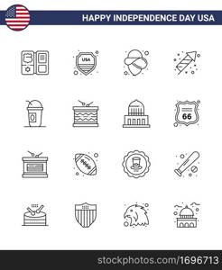 Set of 16 Modern Lines pack on USA Independence Day limonade  america  usa  holiday  festivity Editable USA Day Vector Design Elements