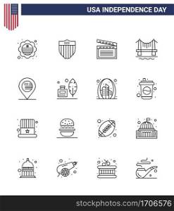 Set of 16 Modern Lines pack on USA Independence Day location  cityscape  american  city  bridge Editable USA Day Vector Design Elements