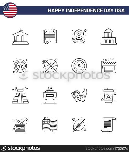 Set of 16 Modern Lines pack on USA Independence Day police; landmark; entrance; city; police Editable USA Day Vector Design Elements
