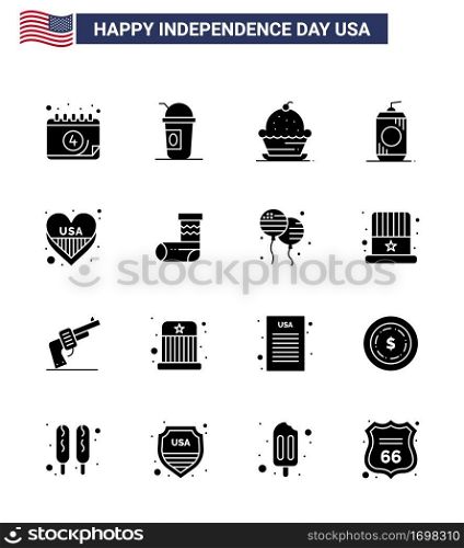 Set of 16 Modern Solid Glyphs pack on USA Independence Day american; drink; cake; cola; thanksgiving Editable USA Day Vector Design Elements