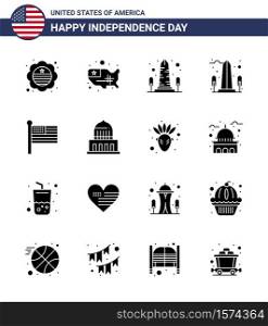 Set of 16 Modern Solid Glyphs pack on USA Independence Day building; united; landmark; states; washington Editable USA Day Vector Design Elements