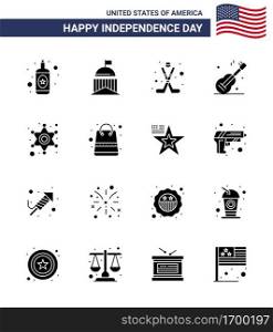 Set of 16 Modern Solid Glyphs pack on USA Independence Day police  american  american  usa  guiter Editable USA Day Vector Design Elements