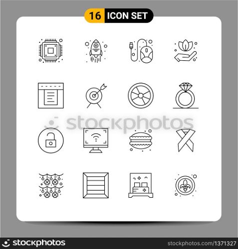 Set of 16 Modern UI Icons Symbols Signs for aim, web, mouse, tabs, leaf Editable Vector Design Elements