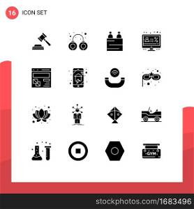 Set of 16 Modern UI Icons Symbols Signs for develop, percentage, interview, monitor, discount Editable Vector Design Elements