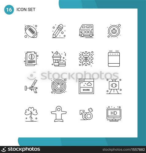 Set of 16 Modern UI Icons Symbols Signs for document, information, transport, info, repair Editable Vector Design Elements