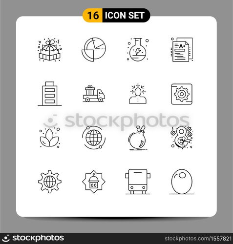 Set of 16 Modern UI Icons Symbols Signs for knowledge, a+, diagram, test, power Editable Vector Design Elements