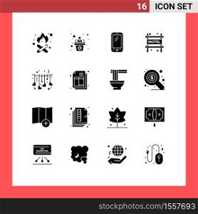 Set of 16 Modern UI Icons Symbols Signs for love, hanging, smart phone, travel, accommodation Editable Vector Design Elements