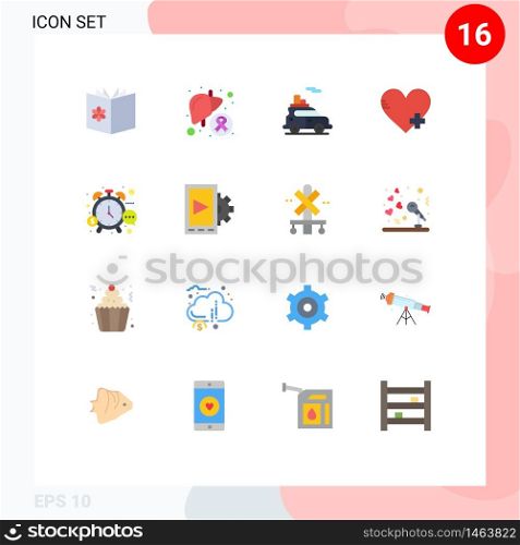 Set of 16 Modern UI Icons Symbols Signs for management, favorite, liver, add, transport Editable Pack of Creative Vector Design Elements