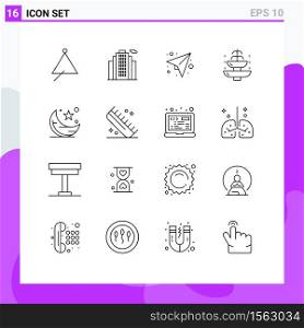 Set of 16 Modern UI Icons Symbols Signs for moon, tourism, message, journey, fountain Editable Vector Design Elements