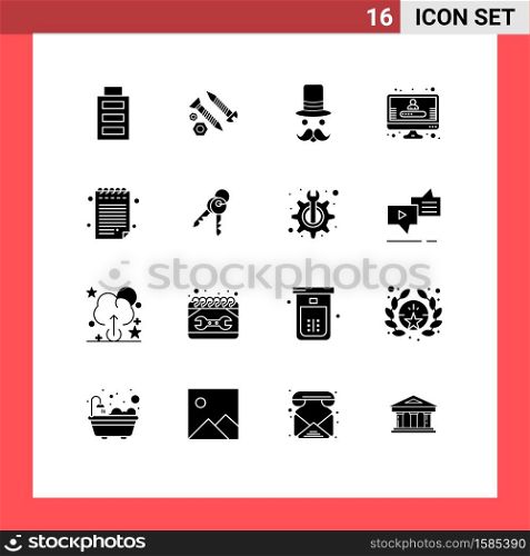 Set of 16 Modern UI Icons Symbols Signs for pad, registration, moustache, profile, hat Editable Vector Design Elements