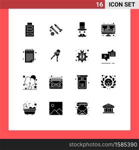 Set of 16 Modern UI Icons Symbols Signs for pad, registration, moustache, profile, hat Editable Vector Design Elements