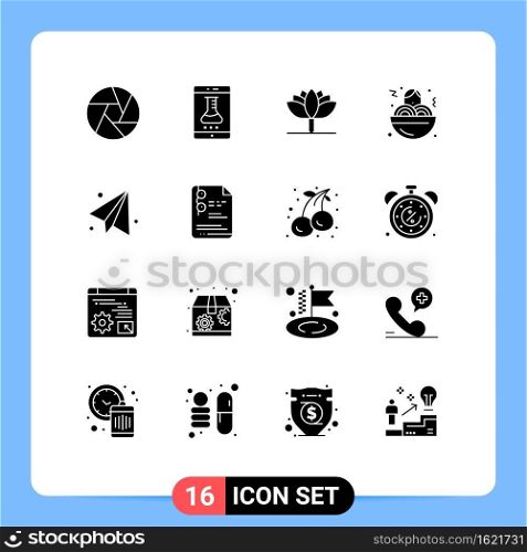 Set of 16 Modern UI Icons Symbols Signs for paper plane, back to school, smartphone application, food, spaghetti Editable Vector Design Elements