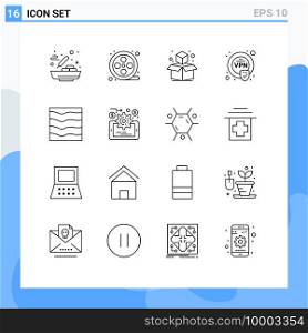 Set of 16 Modern UI Icons Symbols Signs for waves, sea, geometric, river, vpn Editable Vector Design Elements