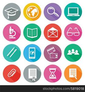 Set of 16 round icons of professional training, online education, e learning, knowledge with long shadow on white background