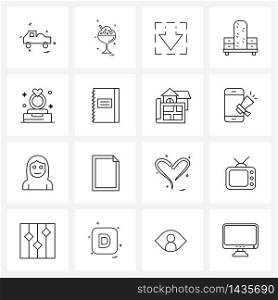 Set of 16 Simple Line Icons for Web and Print such as book, heart, down, love, mirror Vector Illustration