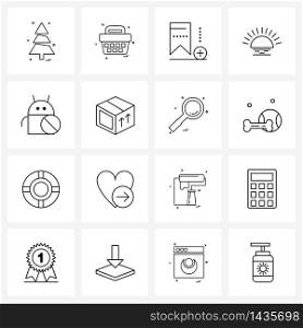 Set of 16 Simple Line Icons for Web and Print such as mobile, android, bookmark, religion, sun Vector Illustration