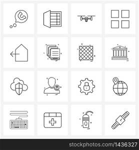 Set of 16 Simple Line Icons for Web and Print such as home, pad, drone cameo, keypad, drone Vector Illustration