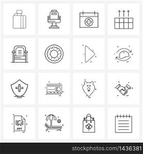 Set of 16 Simple Line Icons for Web and Print such as chair, interaction, hospital calendar, increase, dimensional Vector Illustration
