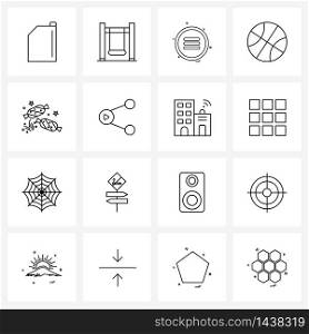 Set of 16 Simple Line Icons for Web and Print such as share network, candies, media, sweets, ball Vector Illustration