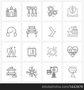 Set of 16 Simple Line Icons for Web and Print such as headphone, technology, setting, ransom ware program, protection Vector Illustration