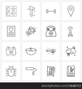 Set of 16 Simple Line Icons for Web and Print such as love, locate, dumbbell, shopping, location Vector Illustration