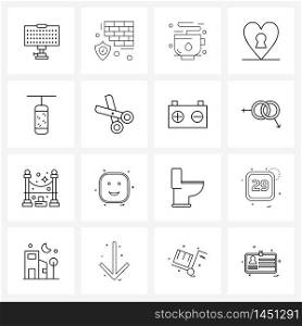 Set of 16 Simple Line Icons of sand bag, valentine, business, romantic, lock Vector Illustration