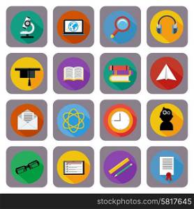 Set of 16 square icons for online education, e-learning, knowledge and science flat style with long shadow