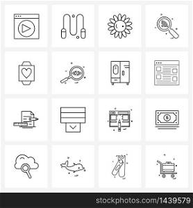 Set of 16 UI Icons and symbols for hand watch, heart, sunflower, search, glass Vector Illustration