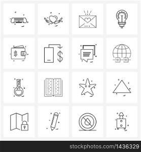 Set of 16 Universal Line Icons of wallet, education, sms, light, bulb Vector Illustration