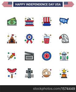 Set of 16 USA Day Icons American Symbols Independence Day Signs for tent; camp; hat; usa; states Editable USA Day Vector Design Elements